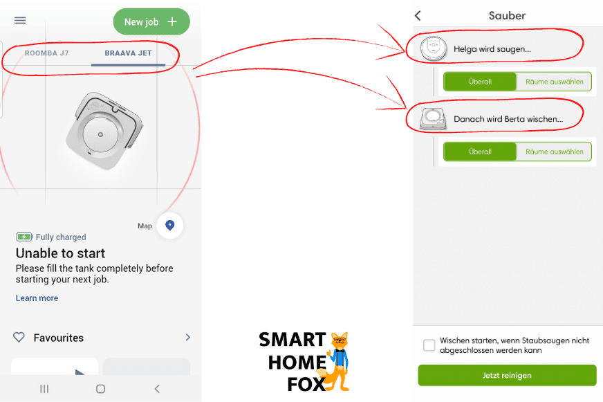 В приложении iRobot Home App будет установлено, что iRobot Roomba j7 сначала пылесосит, а после этого Braava jet m6 моет пол. 